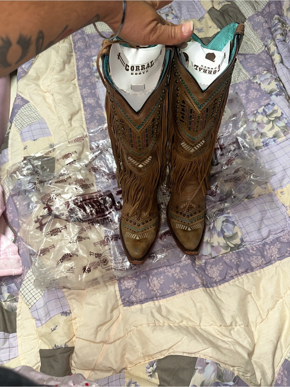 Corral Brown Leather Fringe Cowboy Boots with Turquoise Accents - Picture 2 of 10